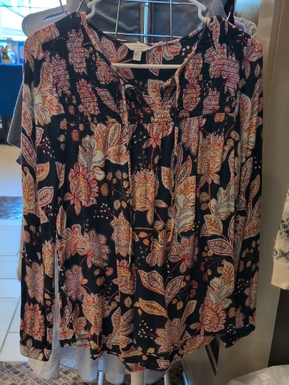 Lucky Brand Black Floral Paisley Peasant Top